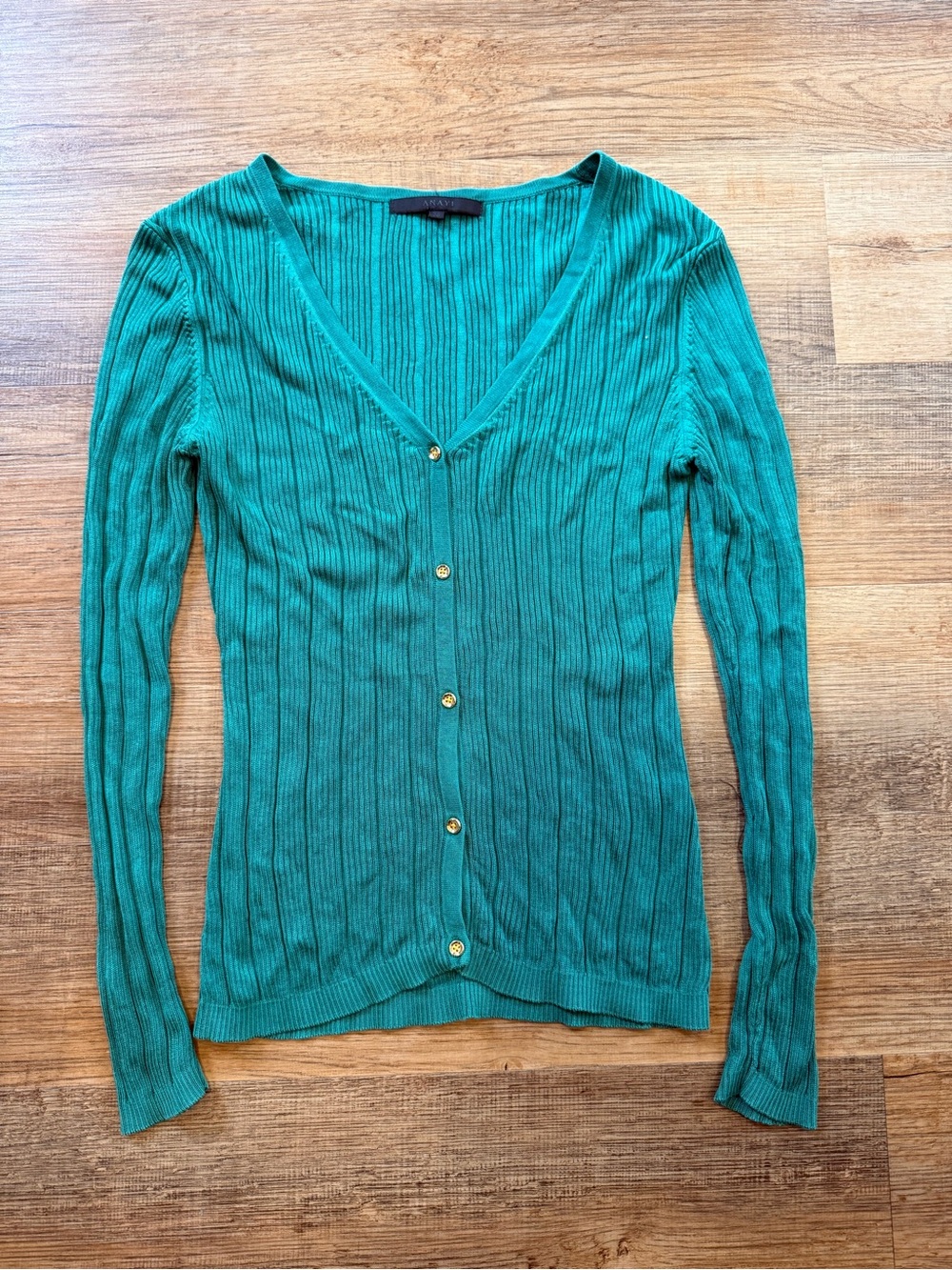 Anayi Japan Green Ribbed Knit Cardigan Gold Buttons Size 38-Small 100% Cotton